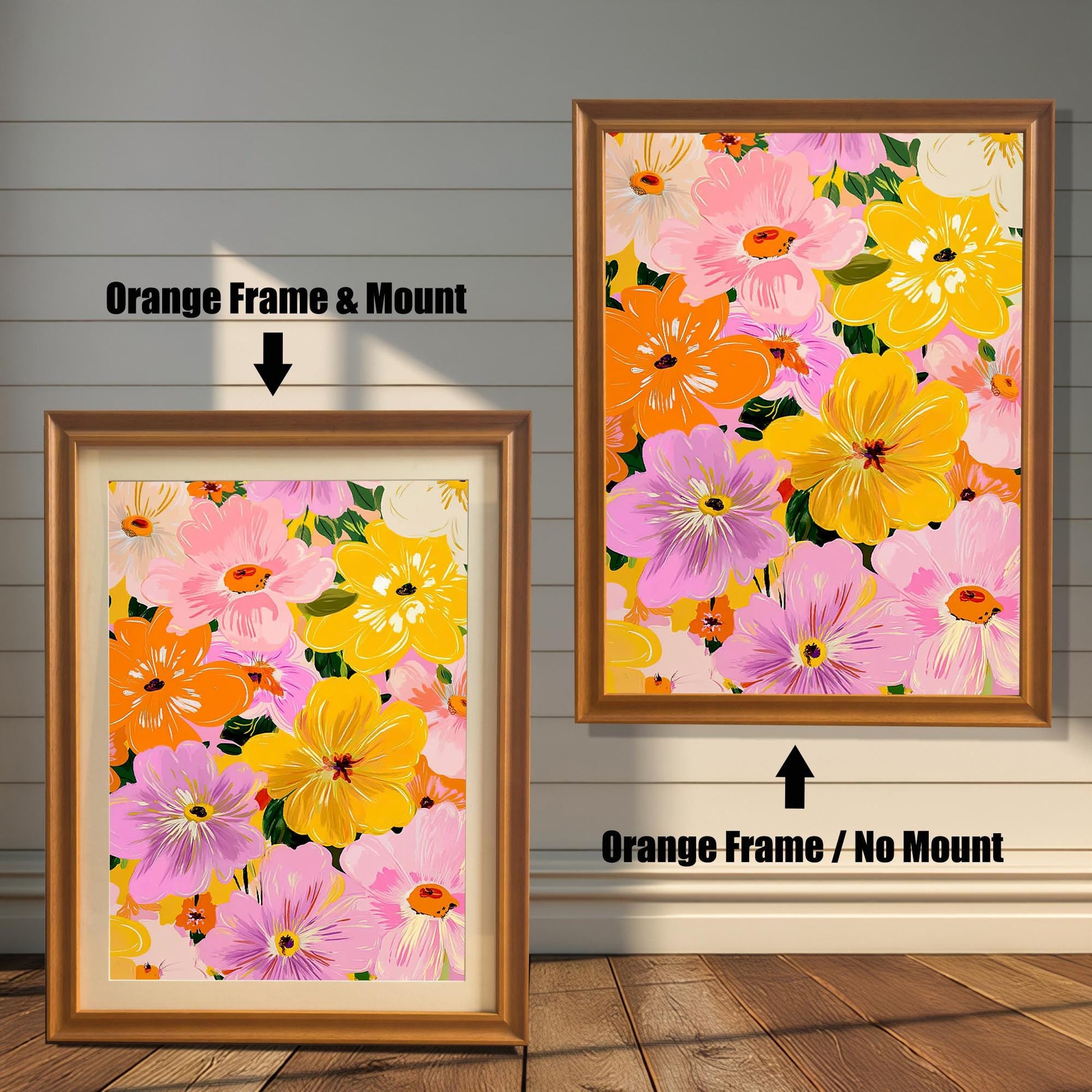Comparison photo showing the floral art print in orange (light brown) frames with and without a light-colored mat (mount). Arrows indicate "Orange Frame & Mount" (left) and "Orange Frame / No Mount" (right).