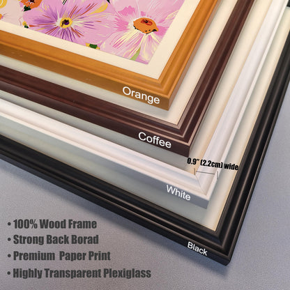 Close-up stack showing samples of four wood frame colors: Orange, Coffee (dark brown), White, and Black. Text overlays indicate the frame is 0.9" (2.2cm) wide and lists key features like "100% Wood Frame" and "Highly Transparent Plexiglass."