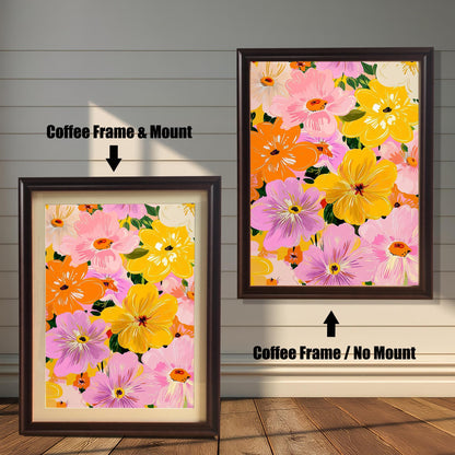 Comparison photo showing the floral art print in coffee (dark brown) frames with and without a light-colored mat (mount). Arrows indicate "Coffee Frame & Mount" (left) and "Coffee Frame / No Mount" (right).