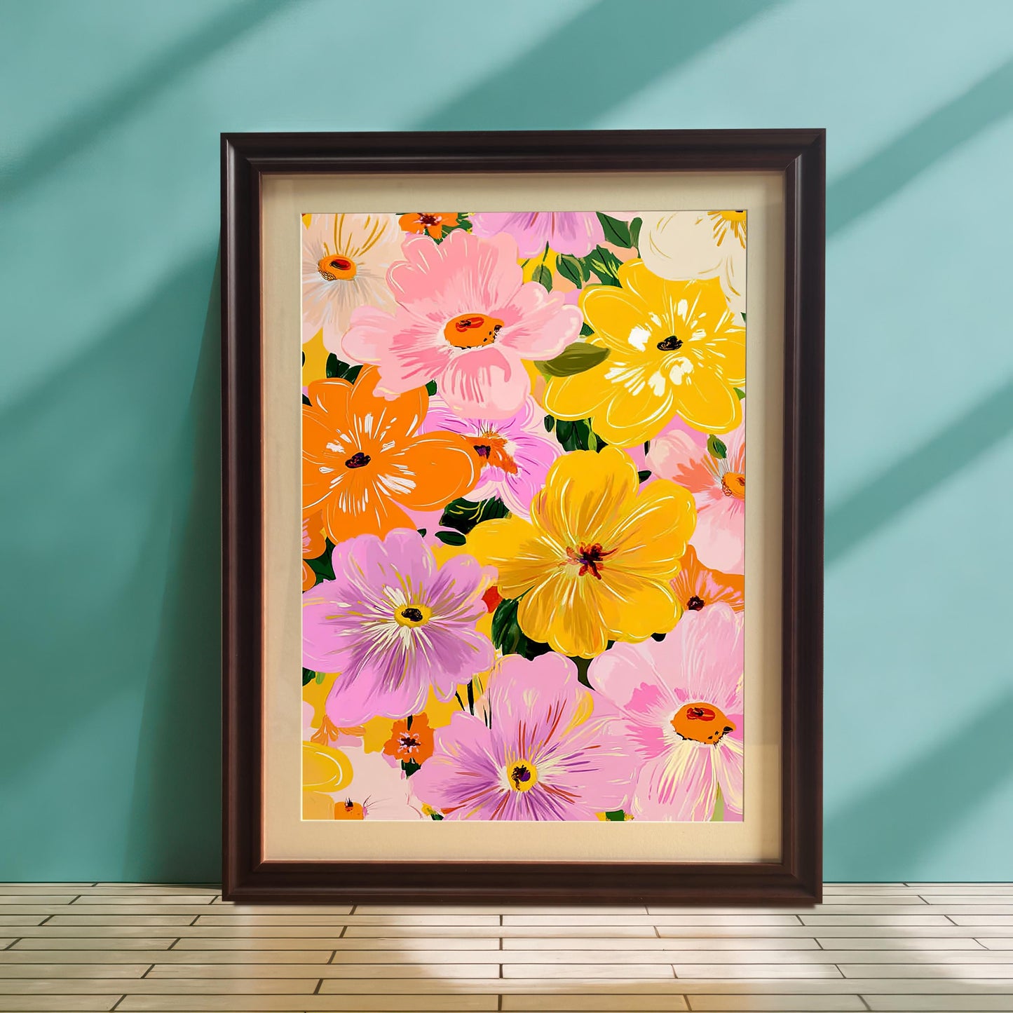 A full-length shot of the framed floral art print standing on a wooden floor with white tile accent, leaning against a light blue-green wall. The print features a vibrant mix of pink, yellow, and orange flowers and is framed in dark brown/coffee wood with a light mat (mount). Sunlight casts strong vertical shadows on the wall.