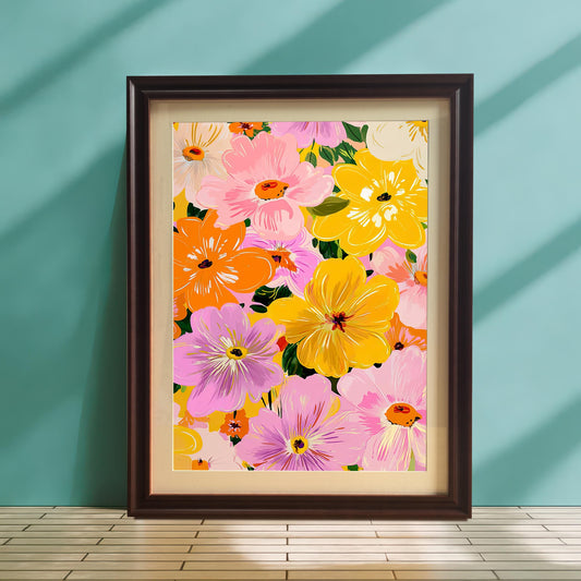 A full-length shot of the framed floral art print standing on a wooden floor with white tile accent, leaning against a light blue-green wall. The print features a vibrant mix of pink, yellow, and orange flowers and is framed in dark brown/coffee wood with a light mat (mount). Sunlight casts strong vertical shadows on the wall.