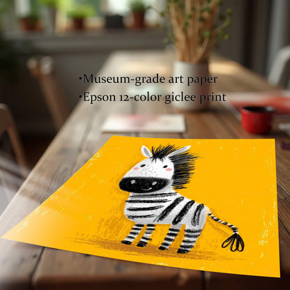 A vibrant, unframed print of the cartoon zebra on a yellow background, lying on a wooden table. Text overlay highlights product features: Museum-grade art paper and Epson 12-color giclee print.