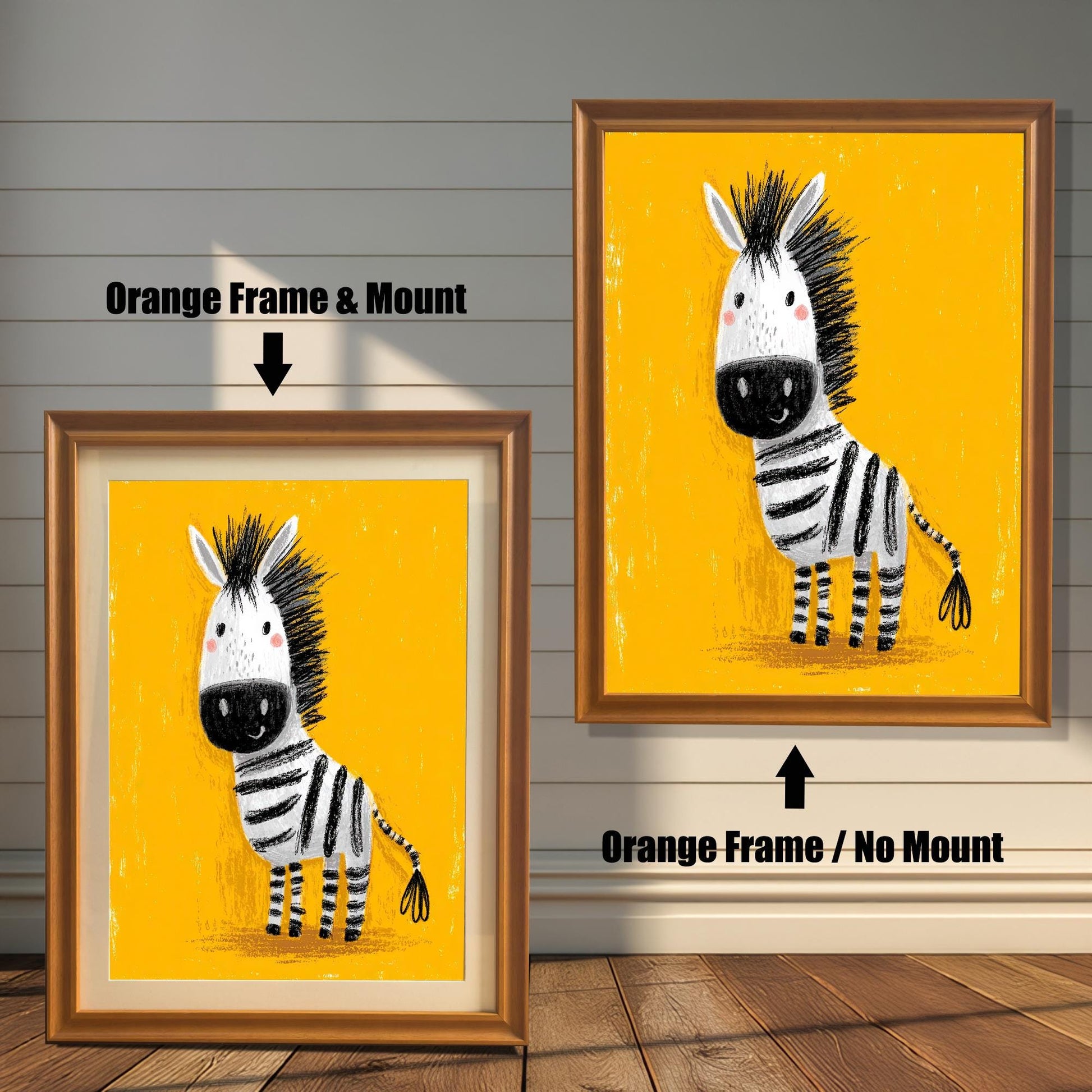 A split image showing two framed art prints of the cartoon zebra. The left print is in an Orange frame with a Mount. The right print is in an Orange frame with No Mount.