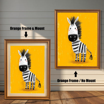 A split image showing two framed art prints of the cartoon zebra. The left print is in an Orange frame with a Mount. The right print is in an Orange frame with No Mount.