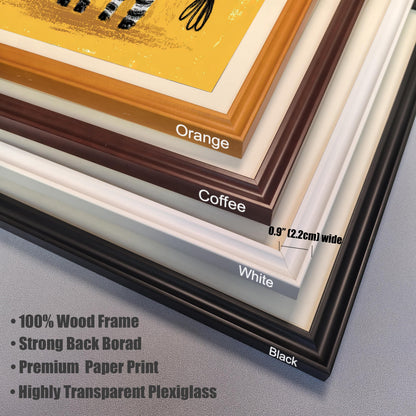 A close-up, stacked view of four frame corners showing the different wood colors and material specifications. From top to bottom, the colors are Orange, Coffee, White, and Black. Text lists features: 100% Wood Frame, Strong Back Board, Premium Paper Print, and Highly Transparent Plexiglass. The frame width is marked as 0.9" (2.2cm).