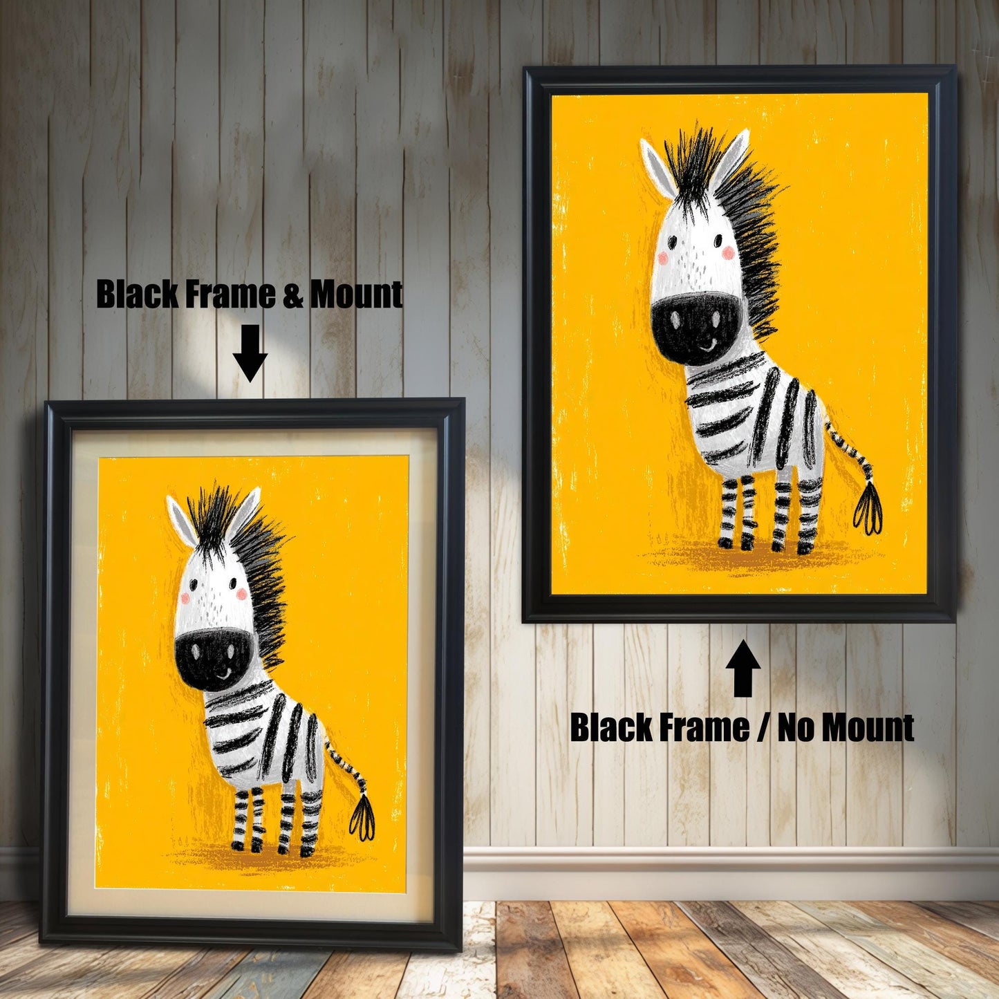 A split image showing two framed art prints of the cartoon zebra. The bottom-left print is in a Black frame with a Mount. The top-right print is in a Black frame with No Mount.
