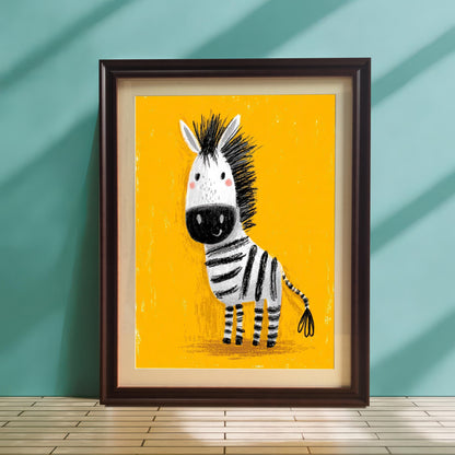 A framed print of the cute, cartoon black and white zebra against a textured yellow background. The print is in a Coffee frame with No Mount and is leaning on a light wooden floor against a teal-colored wall with strong vertical shadows.