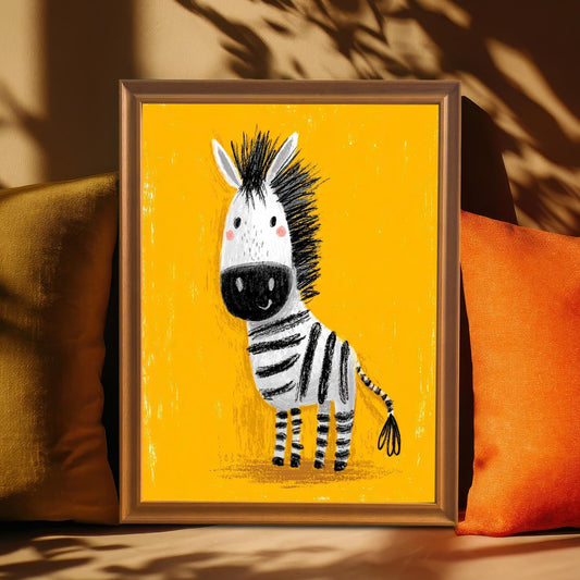 A framed print of the cartoon zebra in a Coffee frame resting between two pillows (one yellow, one orange) on a piece of furniture, with dramatic shadows from sunlight falling across the wall.