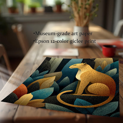 A close-up view of the leopard art print lying on a wooden table to highlight the print quality. Text notes: Museum-grade art paper and Epson 12-color giclee print.