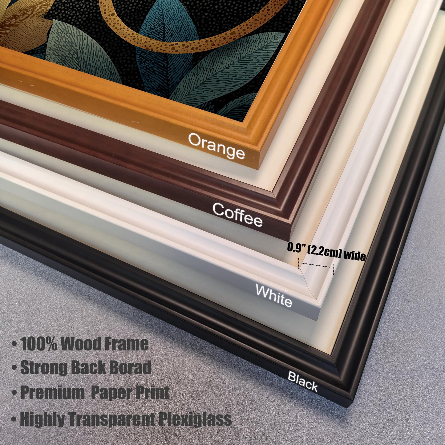 A close-up, stacked view of four frame corners to show color options and material details: Orange, Coffee (dark brown), White, and Black. Text highlights: 0.9" (2.2cm) wide, 100% Wood Frame, Strong Back Board, Premium Paper Print, Highly Transparent Plexiglass.