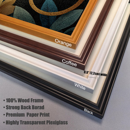 A close-up, stacked view of four frame corners to show color options and material details: Orange, Coffee (dark brown), White, and Black. Text highlights: 0.9" (2.2cm) wide, 100% Wood Frame, Strong Back Board, Premium Paper Print, Highly Transparent Plexiglass.