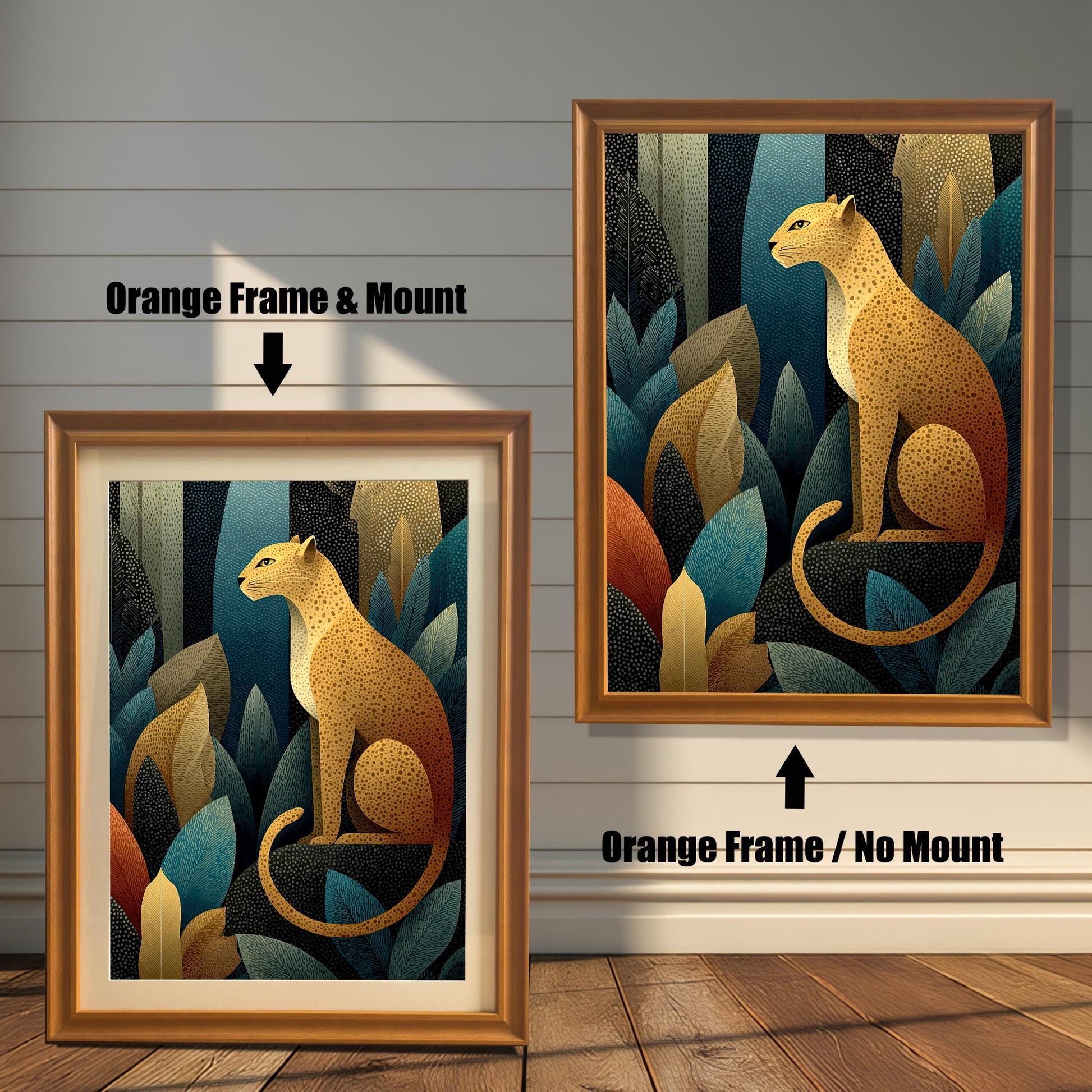 Two versions of the leopard art print side-by-side, both with an Orange (light brown/wood-tone) frame. The print on the left is shown with an Orange Frame & Mount (matting), and the print on the right is shown with an Orange Frame / No Mount.