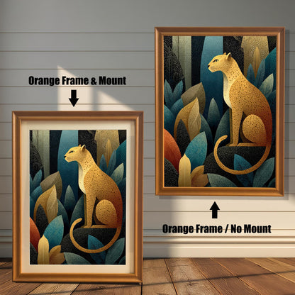 Two versions of the leopard art print side-by-side, both with an Orange (light brown/wood-tone) frame. The print on the left is shown with an Orange Frame & Mount (matting), and the print on the right is shown with an Orange Frame / No Mount.