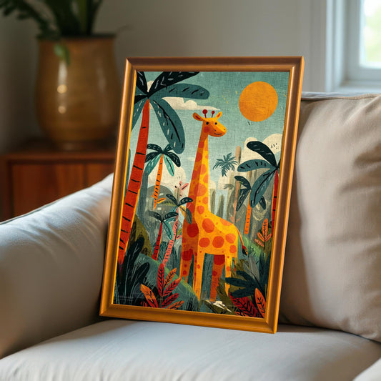 A framed print with an Orange Frame leaning against a beige couch or cushion in a sunlit room.