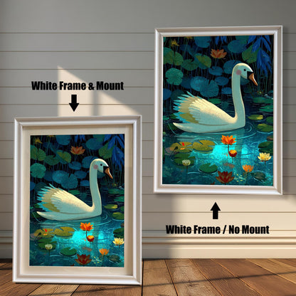 A framed art print of a white swan swimming in a lily pond. The image is shown in two framing options: one on the right with a White Frame / No Mount (the print fills the whole frame), and one on the left with a White Frame & Mount (the print is surrounded by a white border or mat).
