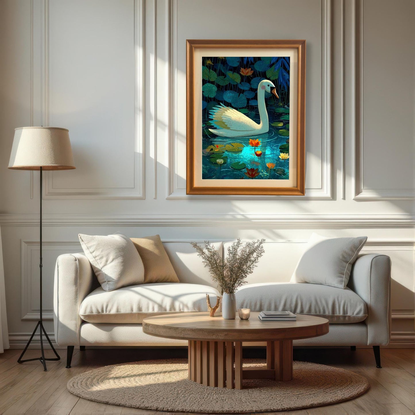 A framed print of a white swan on a pond, set in an Orange/Wood frame, hanging above a white sofa and a round wooden coffee table in a sunlit room.