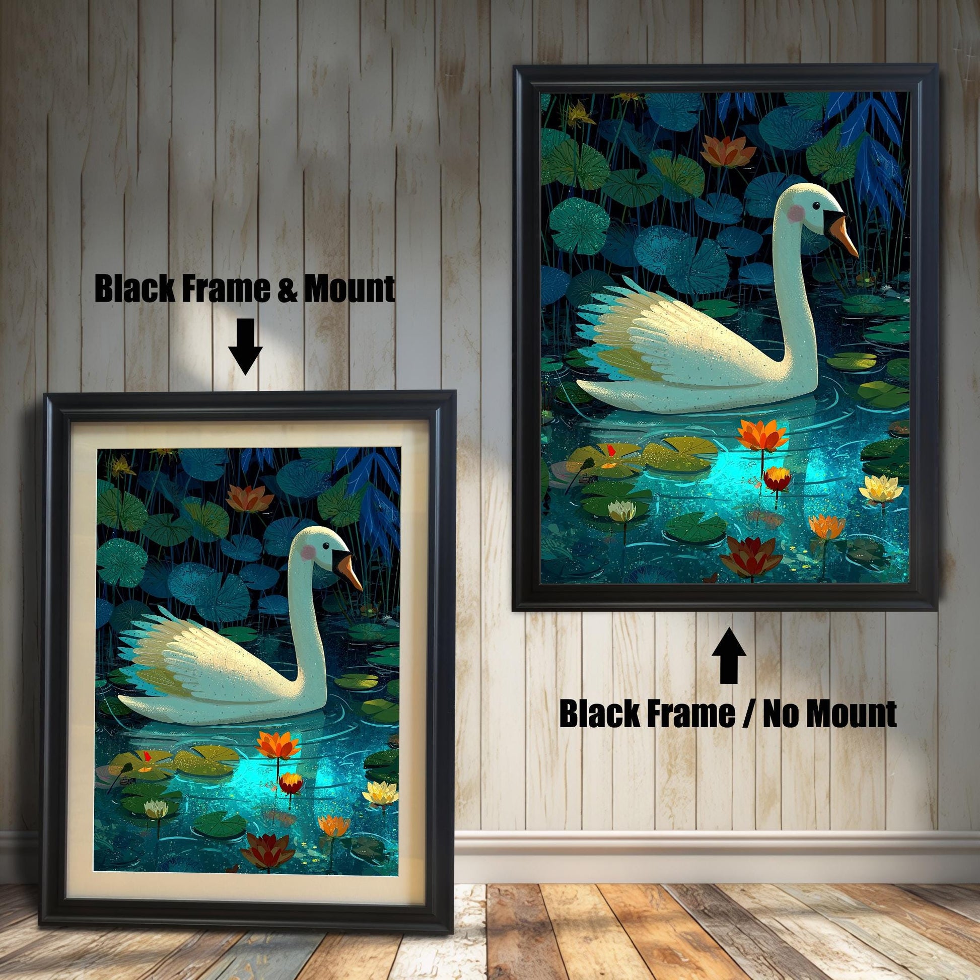 A framed art print of a white swan in a lily pond. The image is shown in two framing options: one on the right with a Black Frame / No Mount, and one on the left with a Black Frame & Mount (with a light-colored mat around the print).