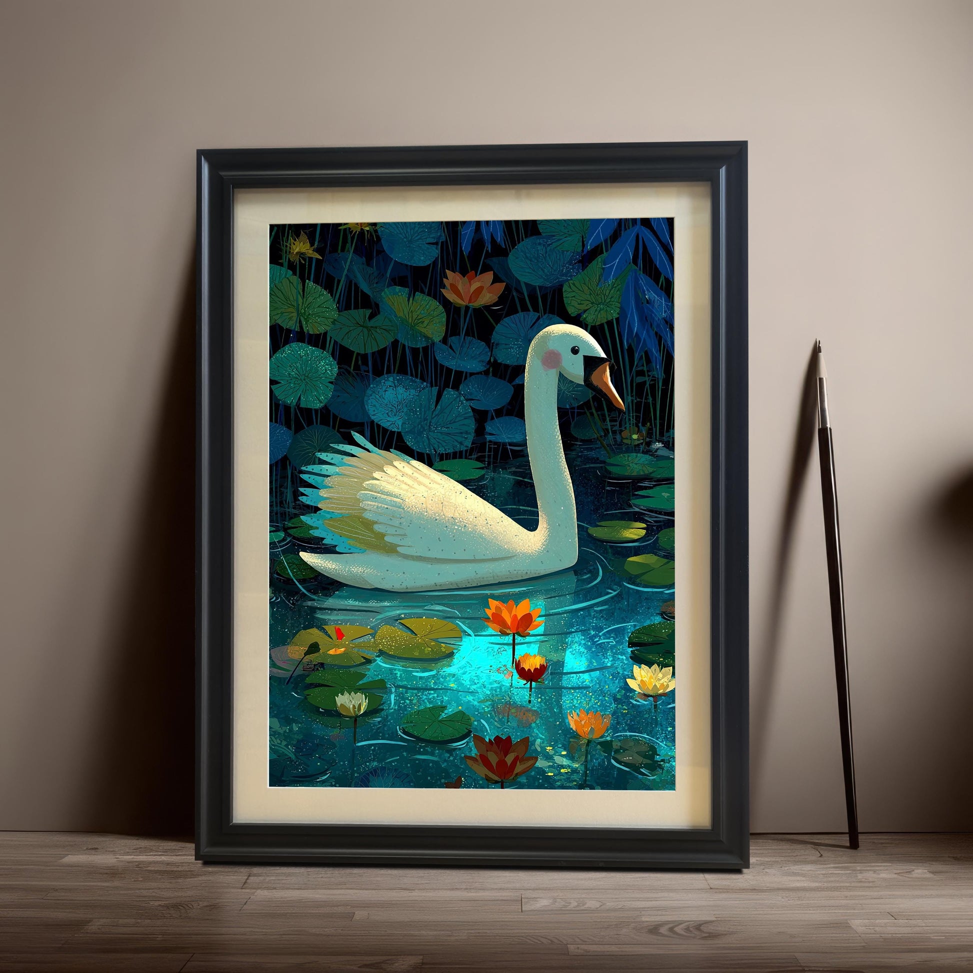 A framed art print of a white swan in a lily pond, set in a Black Frame with a light-colored mount, leaning against a neutral-colored wall next to a long, dark pencil or stick.