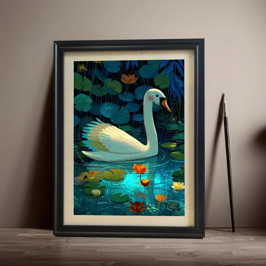 A framed art print of a white swan in a lily pond, set in a Black Frame with a light-colored mount, leaning against a neutral-colored wall next to a long, dark pencil or stick.