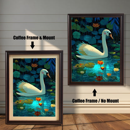 A framed art print of a white swan in a lily pond, presented in two dark brown, Coffee Frame options: one on the right with No Mount (the print fills the frame), and one on the left with a Mount (a light-colored mat surrounds the print).
