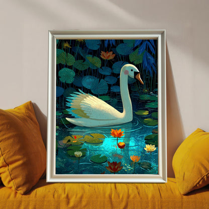 A framed art print of a white swan in a lily pond, set in a White frame and leaning on a sofa between two bright yellow pillows.