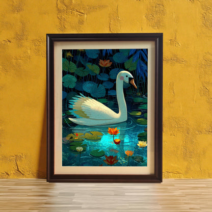 A framed art print of a white swan in a lily pond, set in a Coffee/Dark Brown frame with a mat, leaning against a bright yellow textured wall.