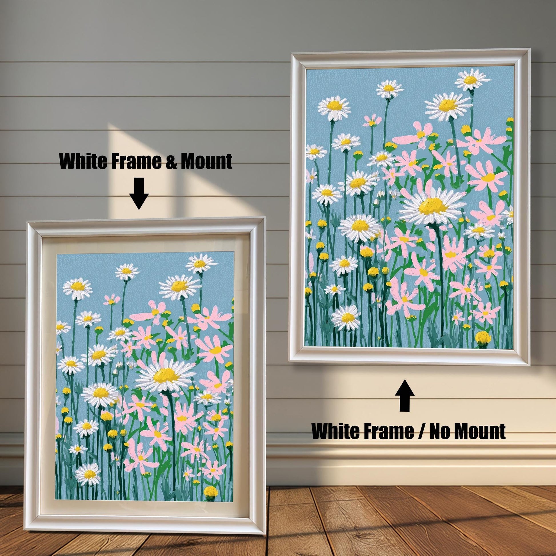 A framed art print of the daisy field illustration, shown in two options with a White Frame: one on the right with No Mount, and one on the left with a Mount (a light-colored mat).