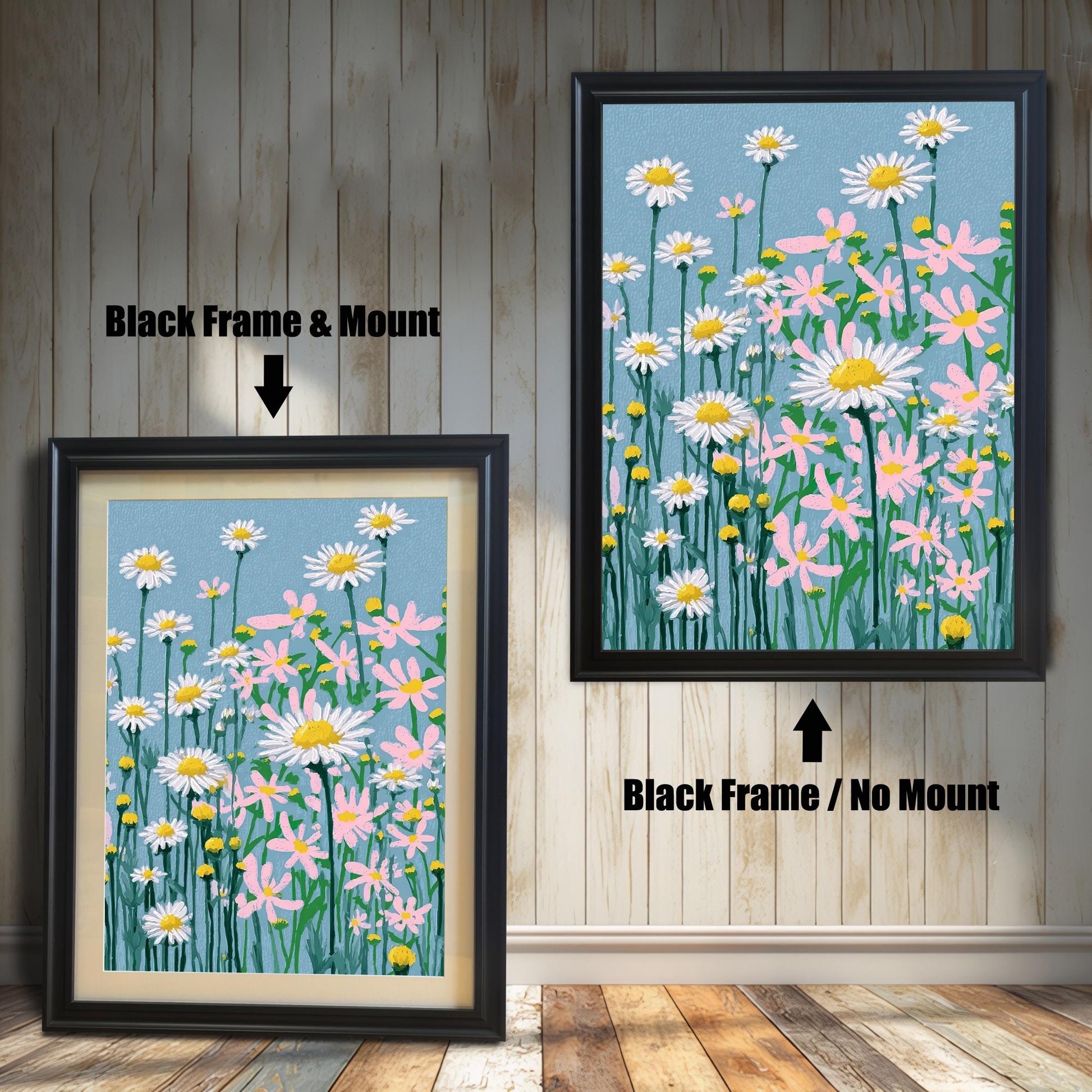 A framed art print of the daisy field illustration, shown in two options with a Black Frame: one on the right with No Mount, and one on the left with a Mount (a light-colored mat).