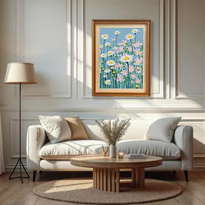 A framed print of the daisy field illustration, set in an Orange/Wood frame with a mat, hanging above a white sofa and a round wooden coffee table in a bright, sunlit living room.