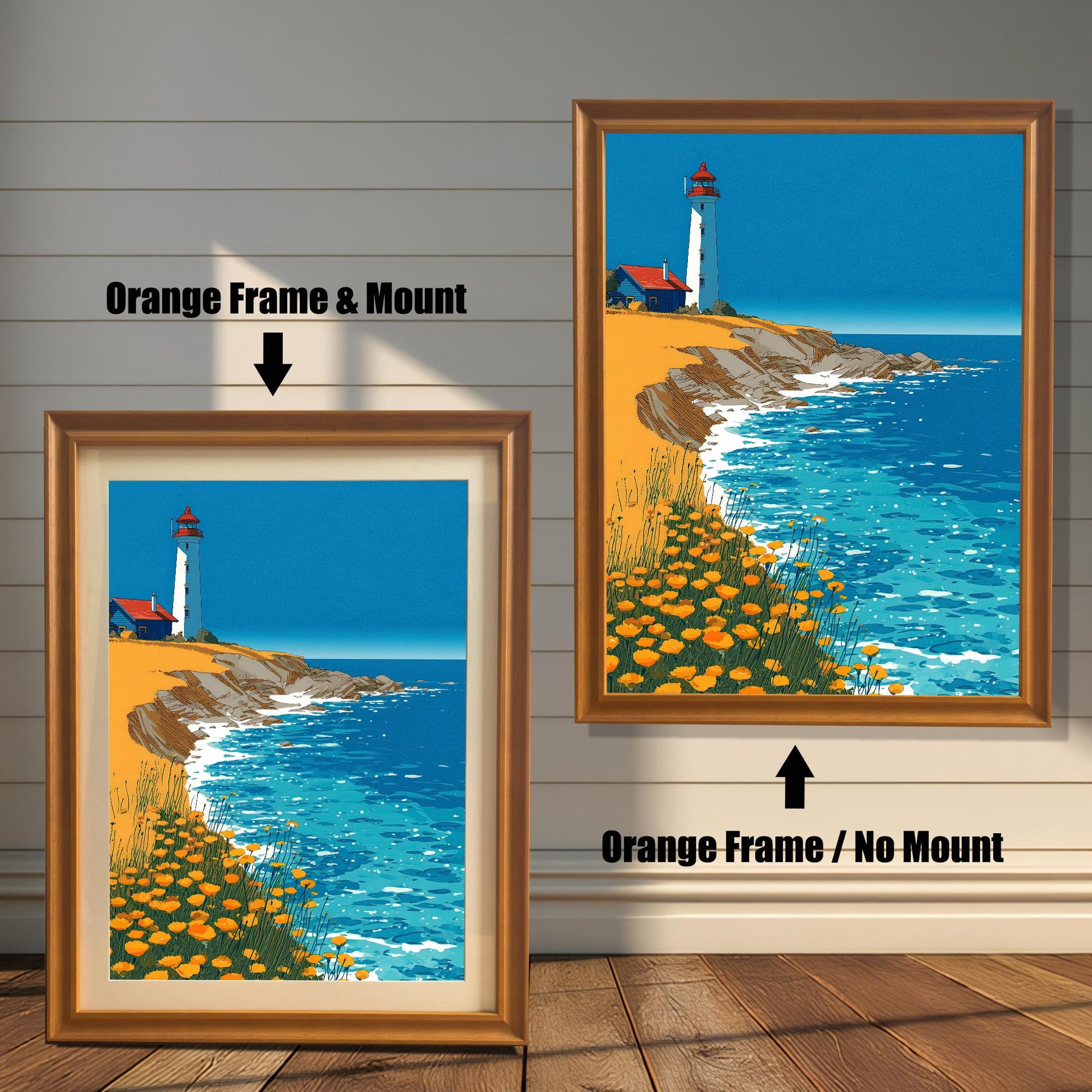 A framed art print of the lighthouse illustration, shown in two options with an Orange Frame: one on the right with No Mount, and one on the left with a Mount (a light-colored mat).