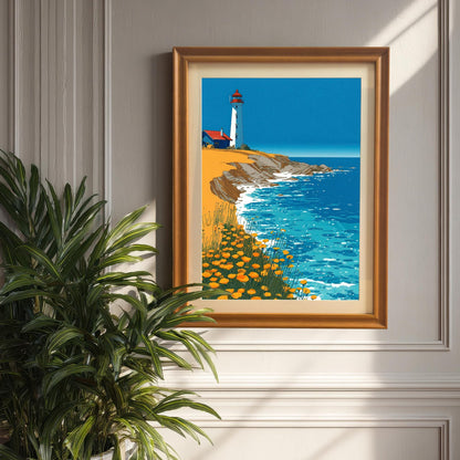A framed print of the lighthouse illustration, set in an Orange/Wood frame with a mat, hanging on a paneled wall next to a large green houseplant.