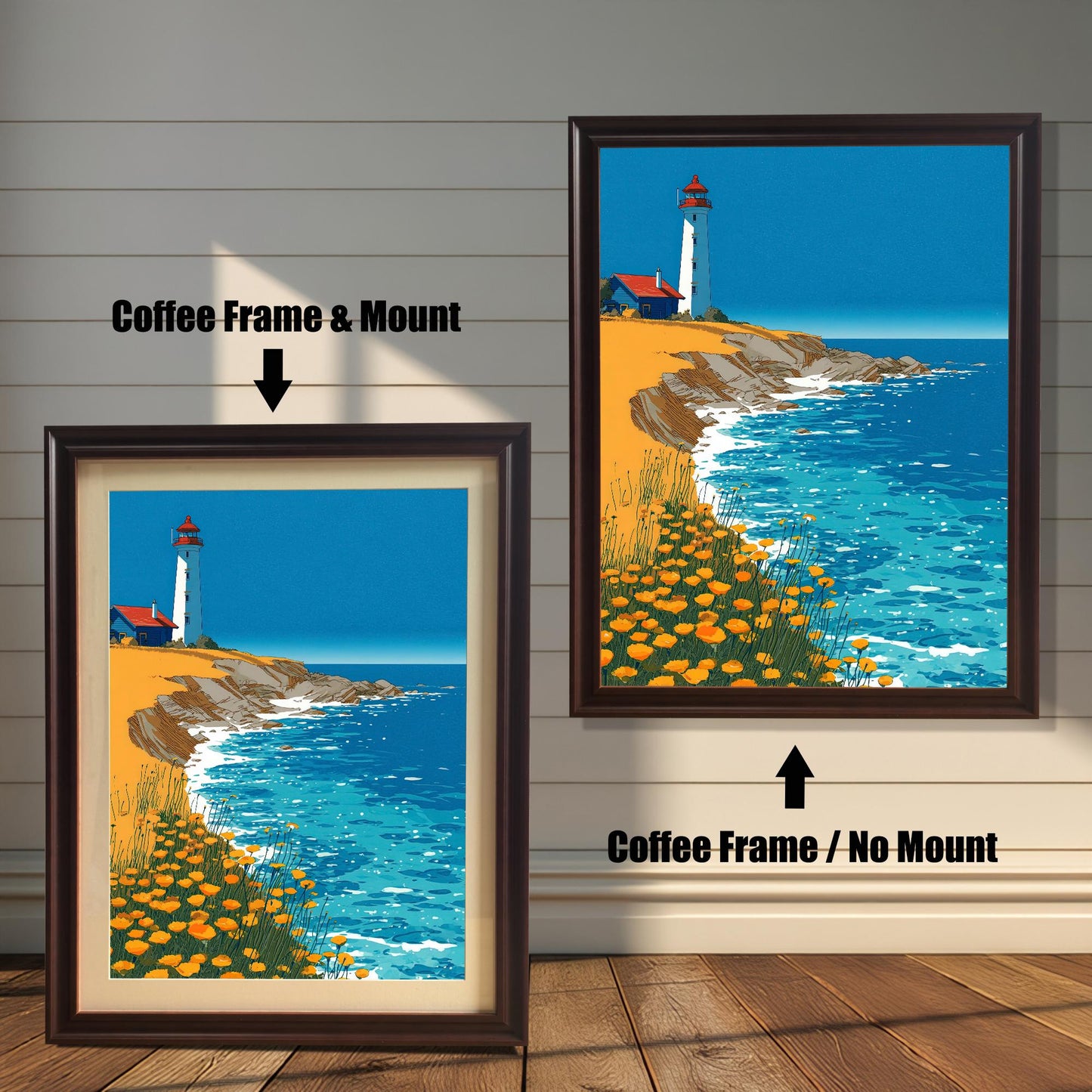 A framed art print of the lighthouse illustration, shown in two options with a Coffee Frame (dark brown): one on the right with No Mount, and one on the left with a Mount (a light-colored mat).