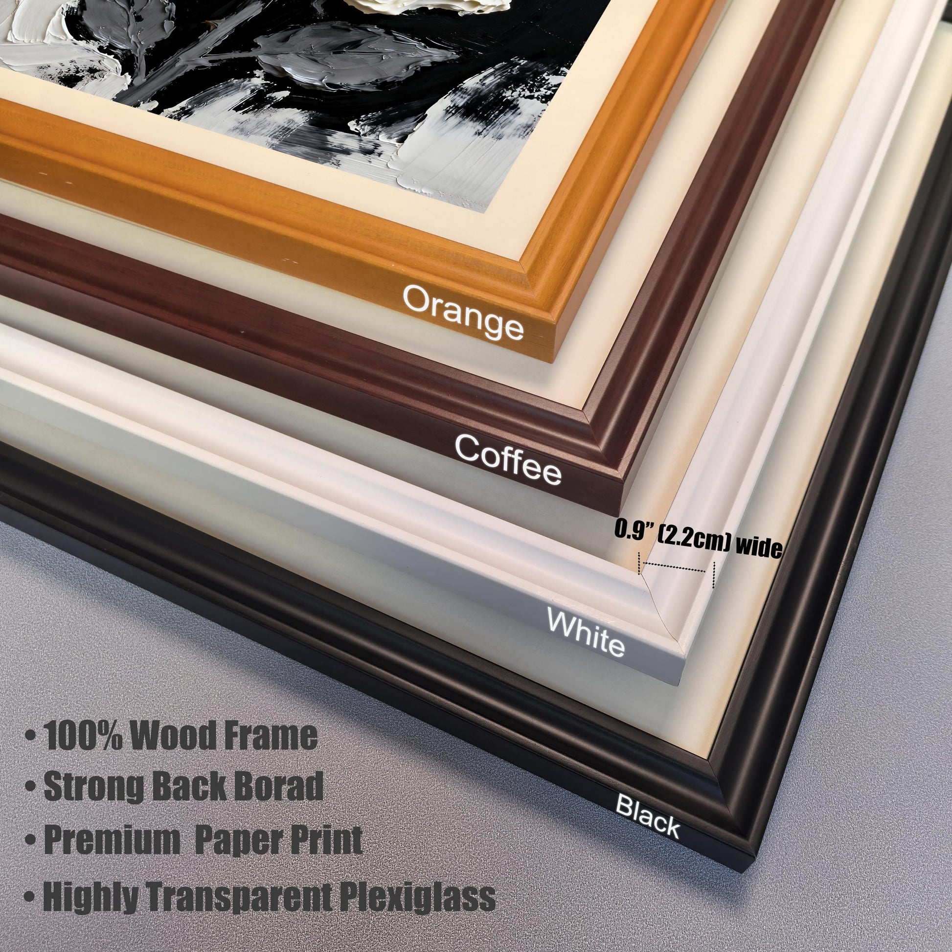 Close-up stacked view of frame corners in four colors: Orange, Coffee (dark brown), White, and Black. The frames are 0.9 in (2.2 cm ) wide and are described as 100% Wood Frame with a Strong Back Borad, a Premium Paper Print, and Highly Transparent Plexiglass.