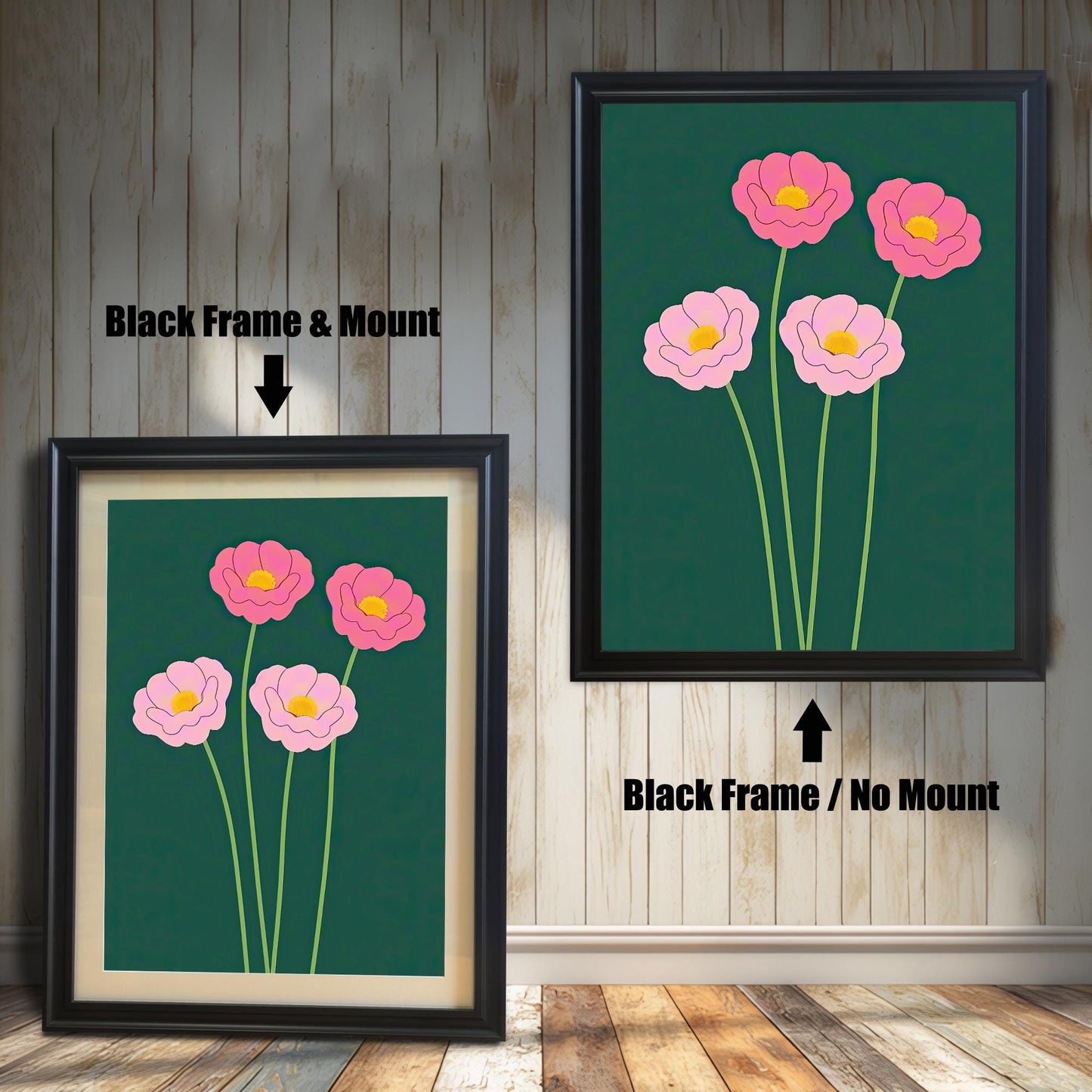 Comparison image showing the pink floral print in a Black Frame & Mount (with a mount/mat) on the left, and a Black Frame / No Mount (full bleed) on the right.