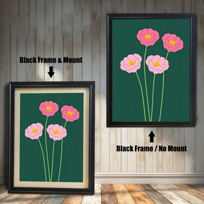 Comparison image showing the pink floral print in a Black Frame & Mount (with a mount/mat) on the left, and a Black Frame / No Mount (full bleed) on the right.