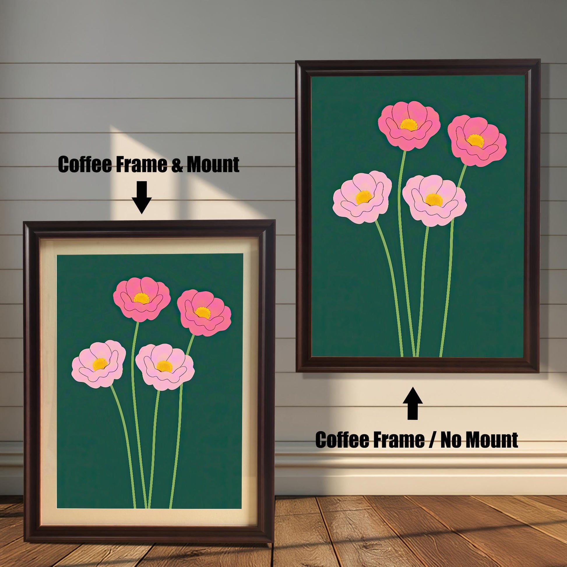 Comparison image showing the pink floral print in a Coffee Frame & Mount (with a mount/mat) on the left, and a Coffee Frame / No Mount (full bleed) on the right.