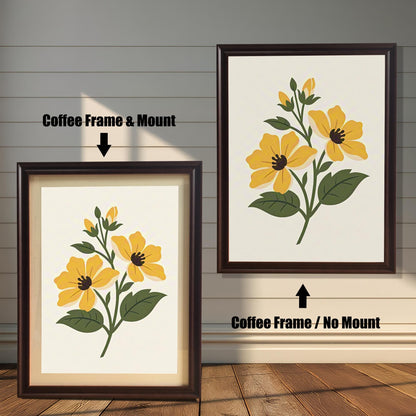 Comparison image showing the yellow floral print in a Coffee Frame & Mount (with a mount/mat) on the left, and a Coffee Frame / No Mount (full bleed) on the right.