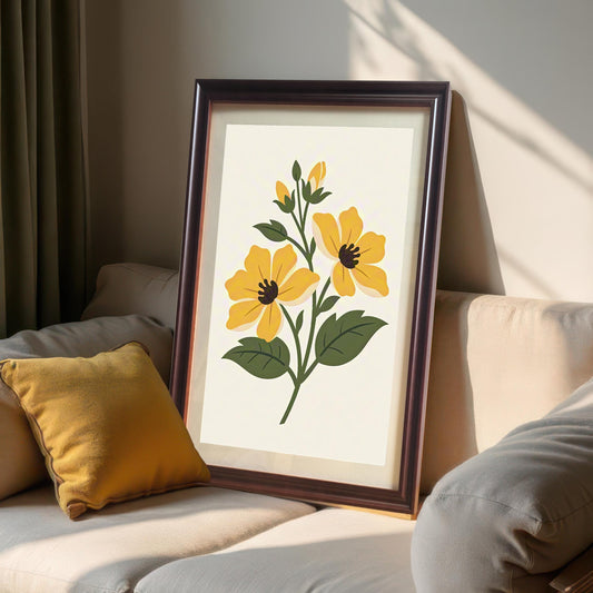 The yellow floral art print in a dark Coffee Frame with a mount/mat, resting on a light beige sofa next to a yellow throw pillow.