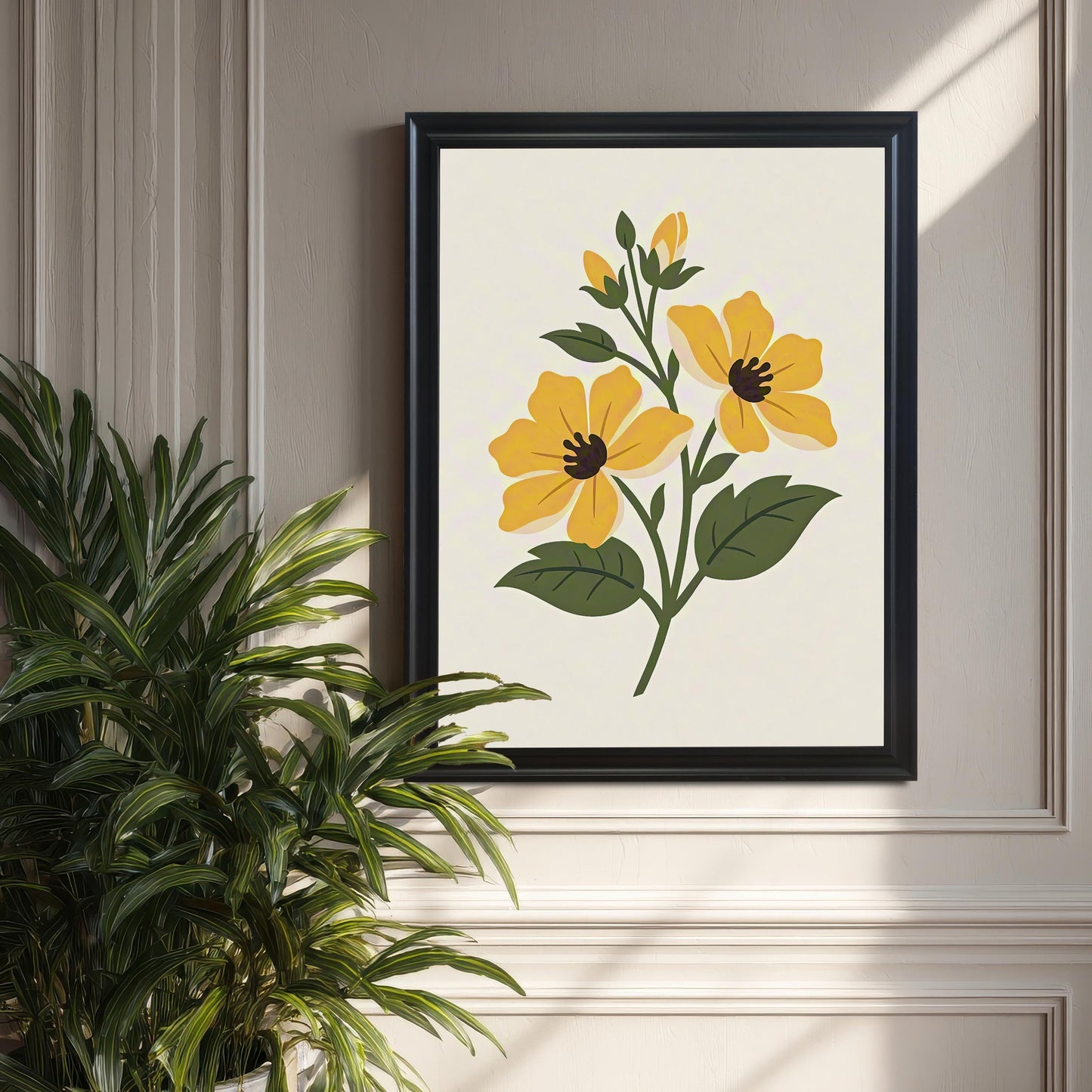The yellow floral art print in a Black Frame, hung on a light grey paneled wall, next to a large houseplant. The print features two stylized yellow flowers and dark green foliage on a cream background.