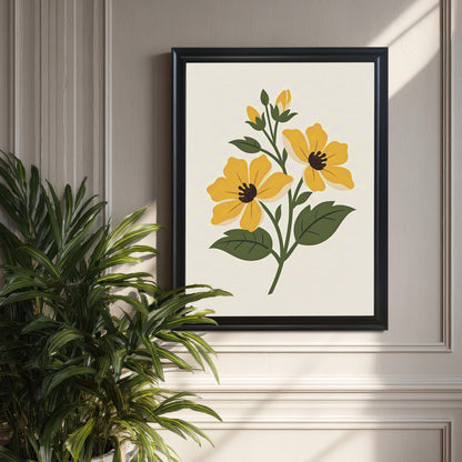 The yellow floral art print in a Black Frame, hung on a light grey paneled wall, next to a large houseplant. The print features two stylized yellow flowers and dark green foliage on a cream background.