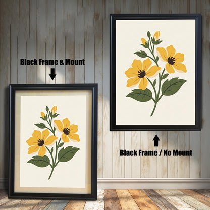 Comparison image showing the yellow floral print in a Black Frame & Mount (with a white border/mat) on the left, and a Black Frame / No Mount (full bleed) on the right. Both prints are set against a vertical wood paneled background.