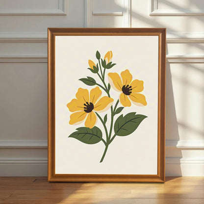 A framed art print of two stylized yellow flowers on a stem with dark green leaves and buds, set against a cream background. The print is framed in a warm Orange wood frame and is leaning on a hardwood floor against a white wainscoting wall, bathed in natural sunlight.