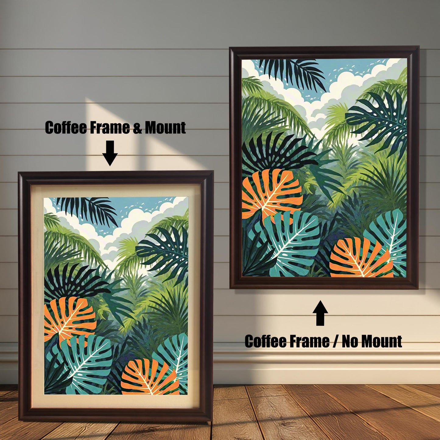 Comparison image showing the jungle print in a Coffee Frame & Mount (with a mount/mat) on the left, and a Coffee Frame / No Mount (full bleed) on the right.
