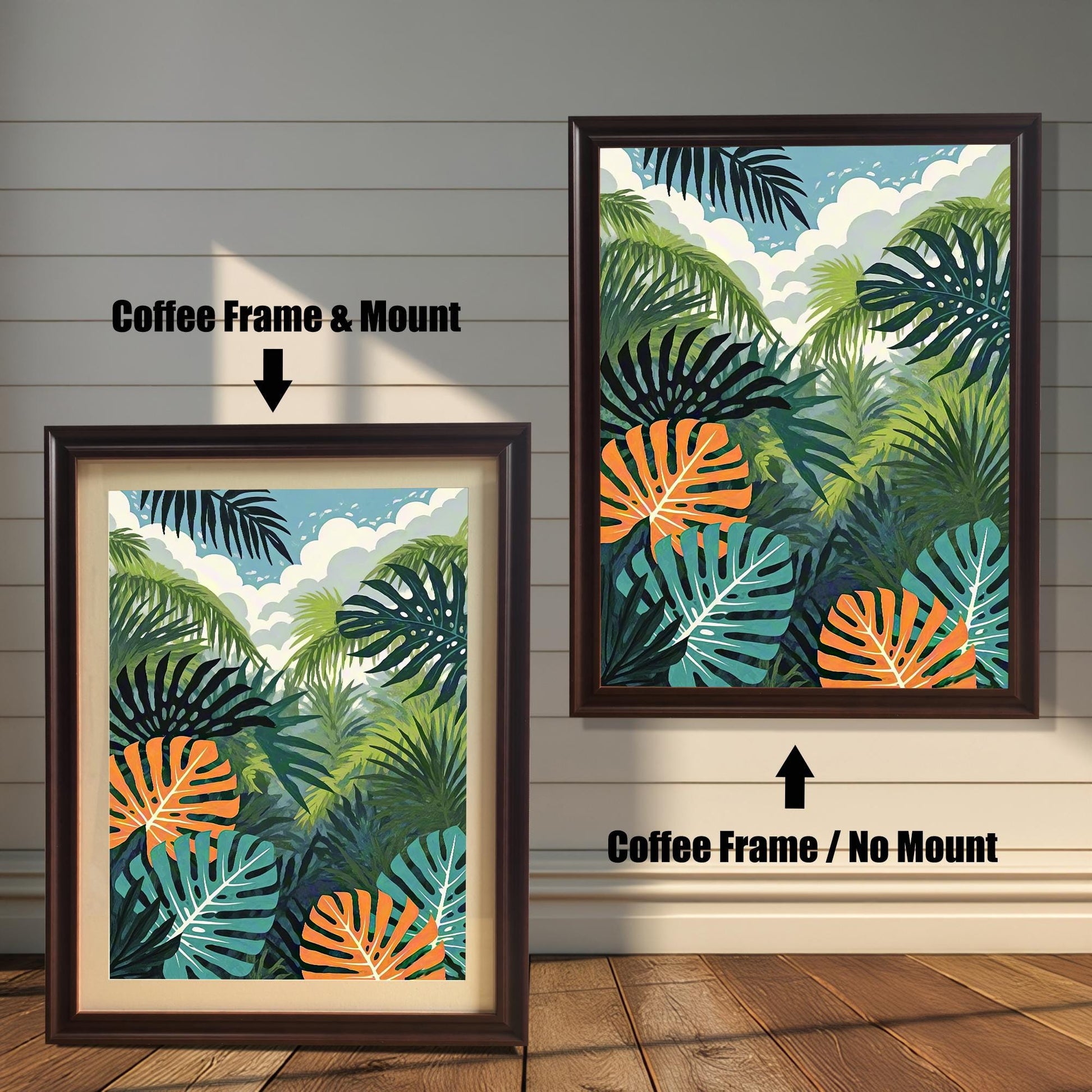 Comparison image showing the jungle print in a Coffee Frame & Mount (with a mount/mat) on the left, and a Coffee Frame / No Mount (full bleed) on the right.