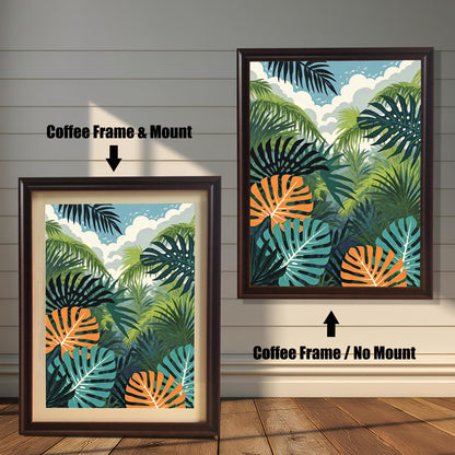 Comparison image showing the jungle print in a Coffee Frame & Mount (with a mount/mat) on the left, and a Coffee Frame / No Mount (full bleed) on the right.