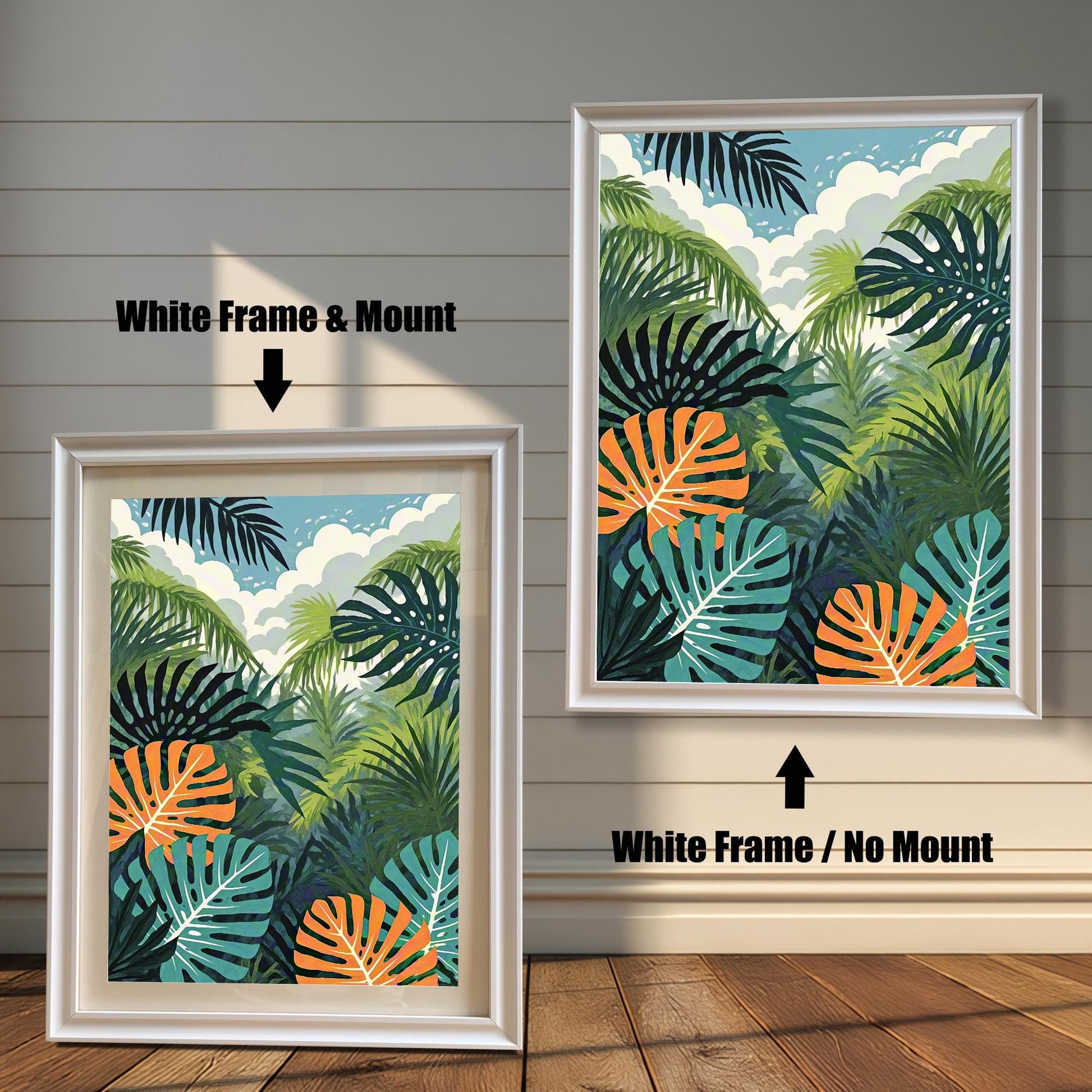 Comparison image showing the jungle print in a White Frame & Mount (with a white border/mat) on the left, and a White Frame / No Mount (full bleed) on the right.