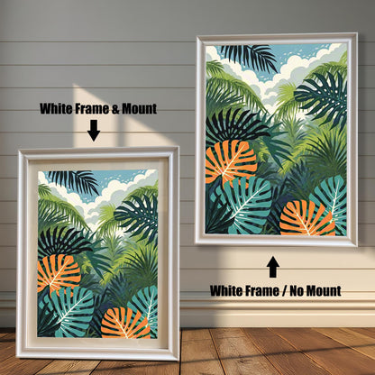 Comparison image showing the jungle print in a White Frame & Mount (with a white border/mat) on the left, and a White Frame / No Mount (full bleed) on the right.