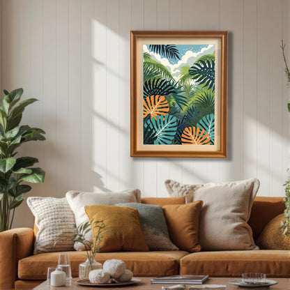 The tropical jungle art print in a wood-toned frame (likely orange or coffee/brown) hanging above a plush, orange-brown sofa with several neutral-toned pillows, in a modern living room setting with a white shiplap wall.