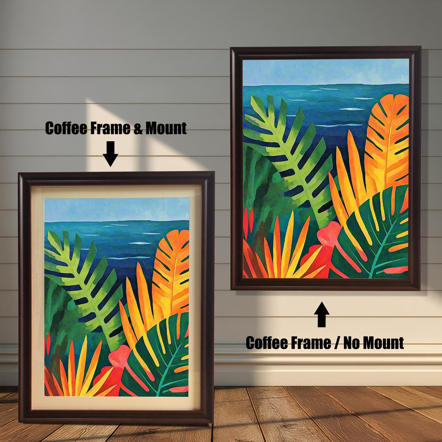 Comparison image of the tropical seascape art print in a Coffee Frame (dark brown) with and without a Mount (matting).