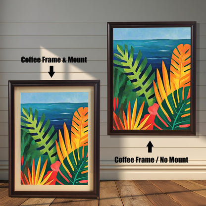 Comparison image of the tropical seascape art print in a Coffee Frame (dark brown) with and without a Mount (matting).